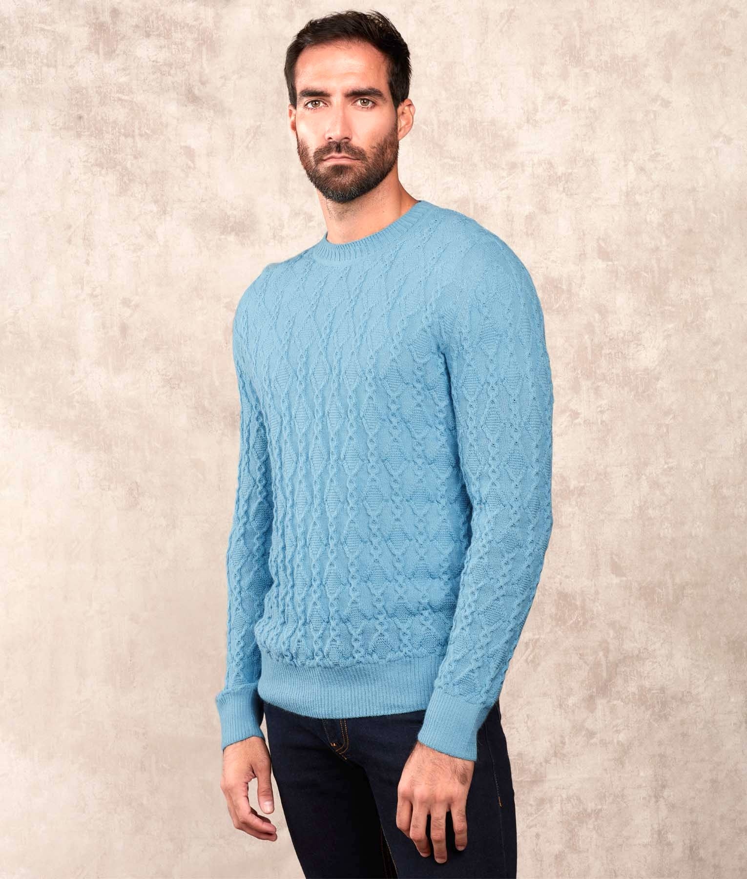 Cables & More Crew Neck Jumper - Light Blue - Men's