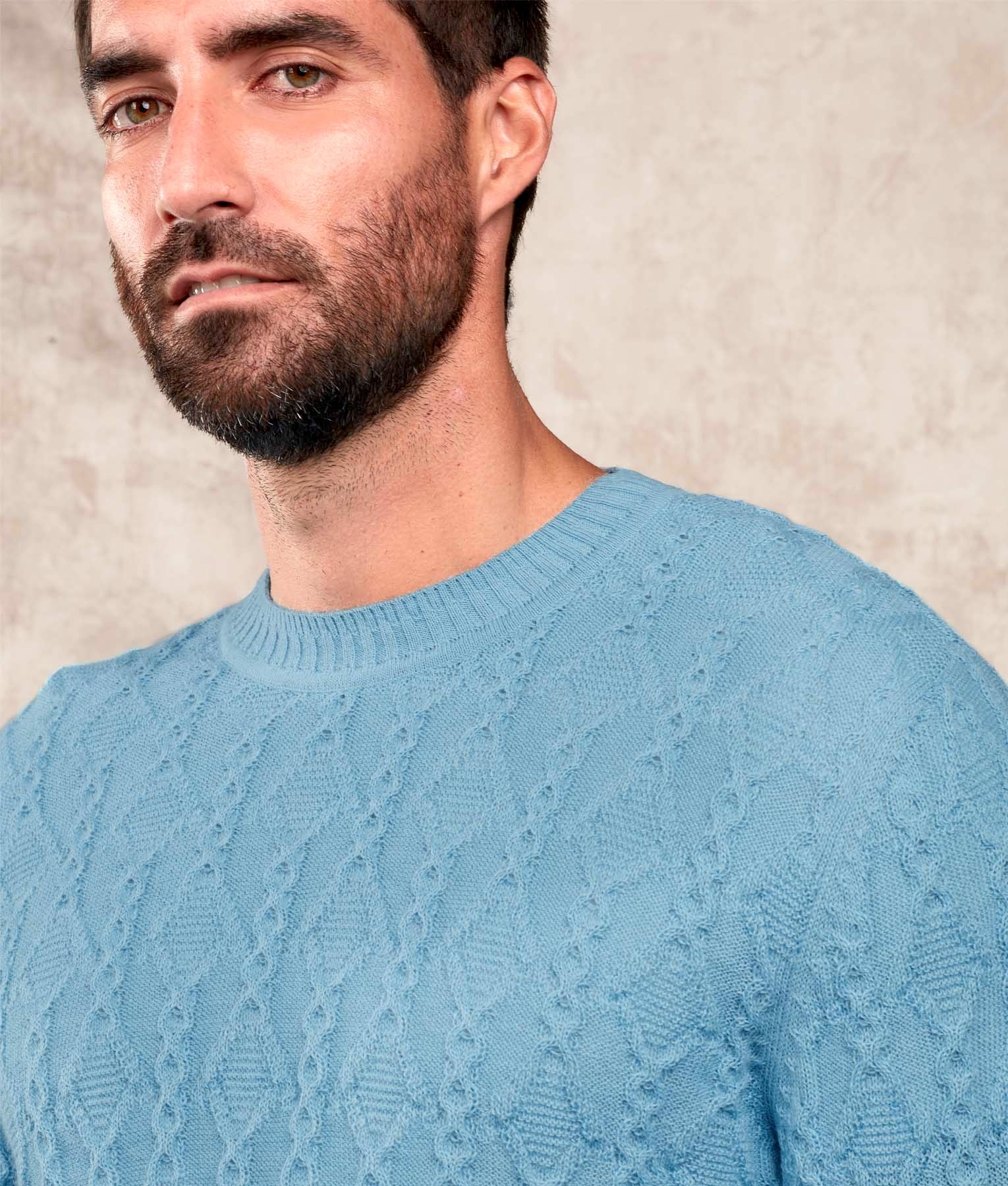 Cables & More Crew Neck Jumper - Light Blue - Men's