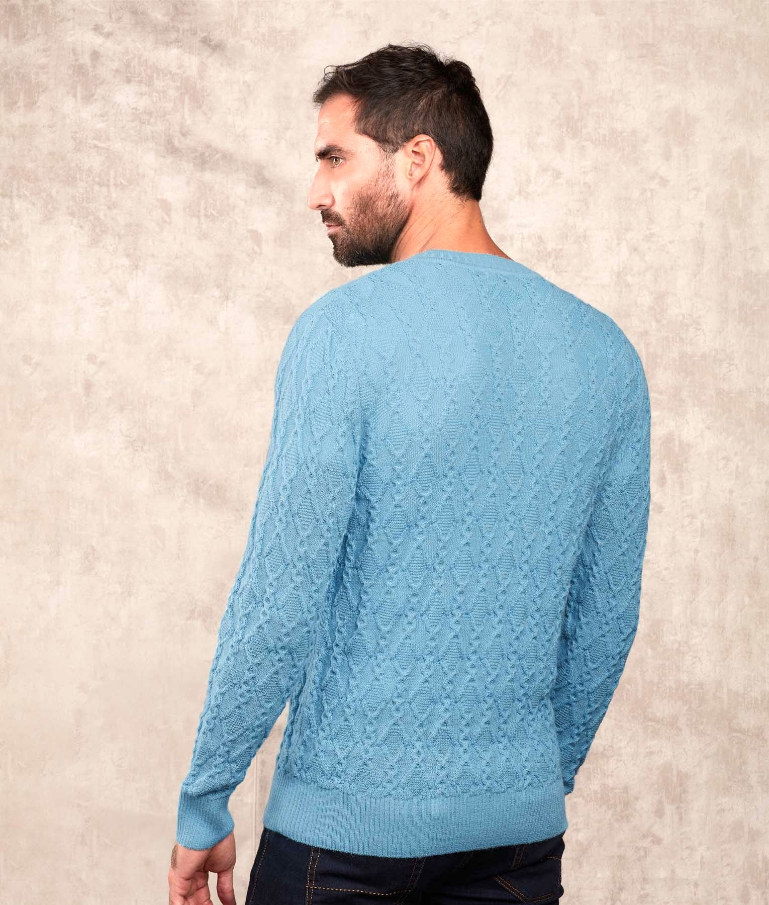 Cables & More Crew Neck Jumper - Light Blue - Men's