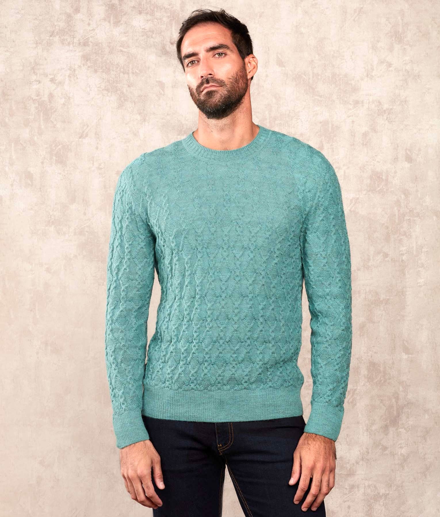 Cables & More Crew Neck Jumper - Teal - Men's