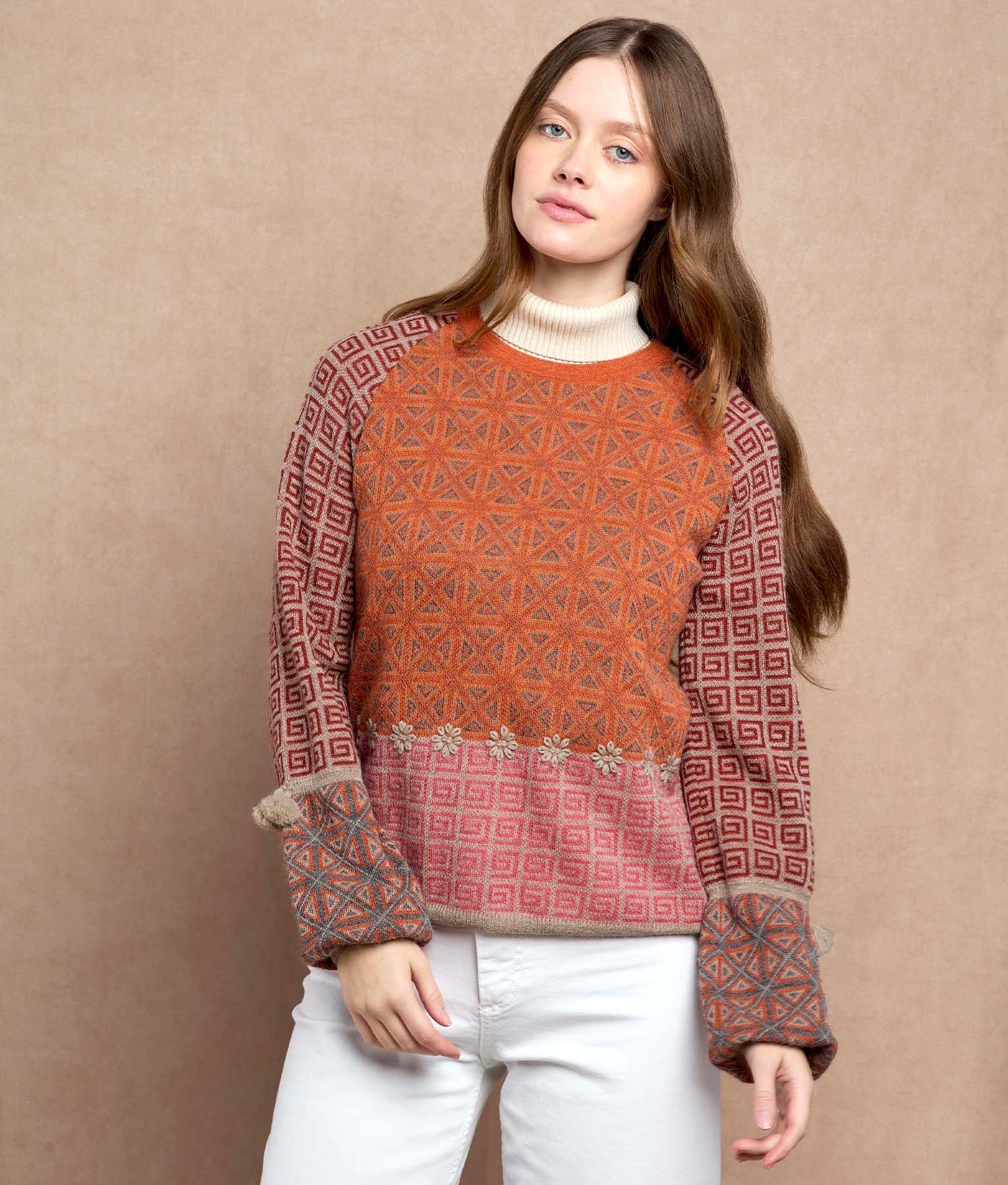 Multi Colour Jacquard Puff Sleeve Jumper C004