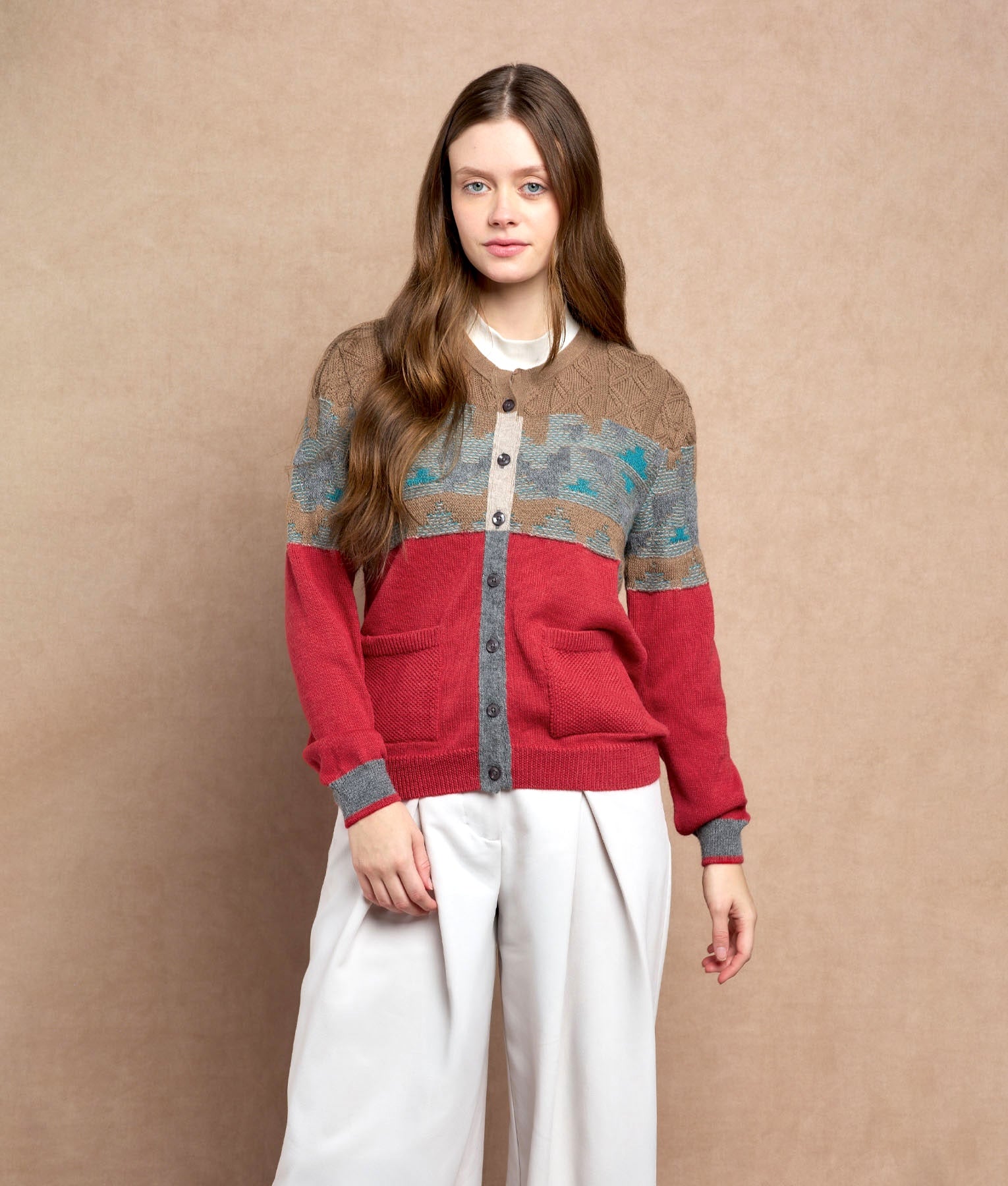 De Campo Crew Neck Cardigan - Multicoloured Red - Women's