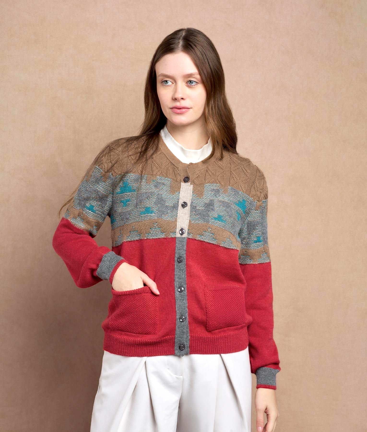 De Campo Crew Neck Cardigan - Multicoloured Red - Women's