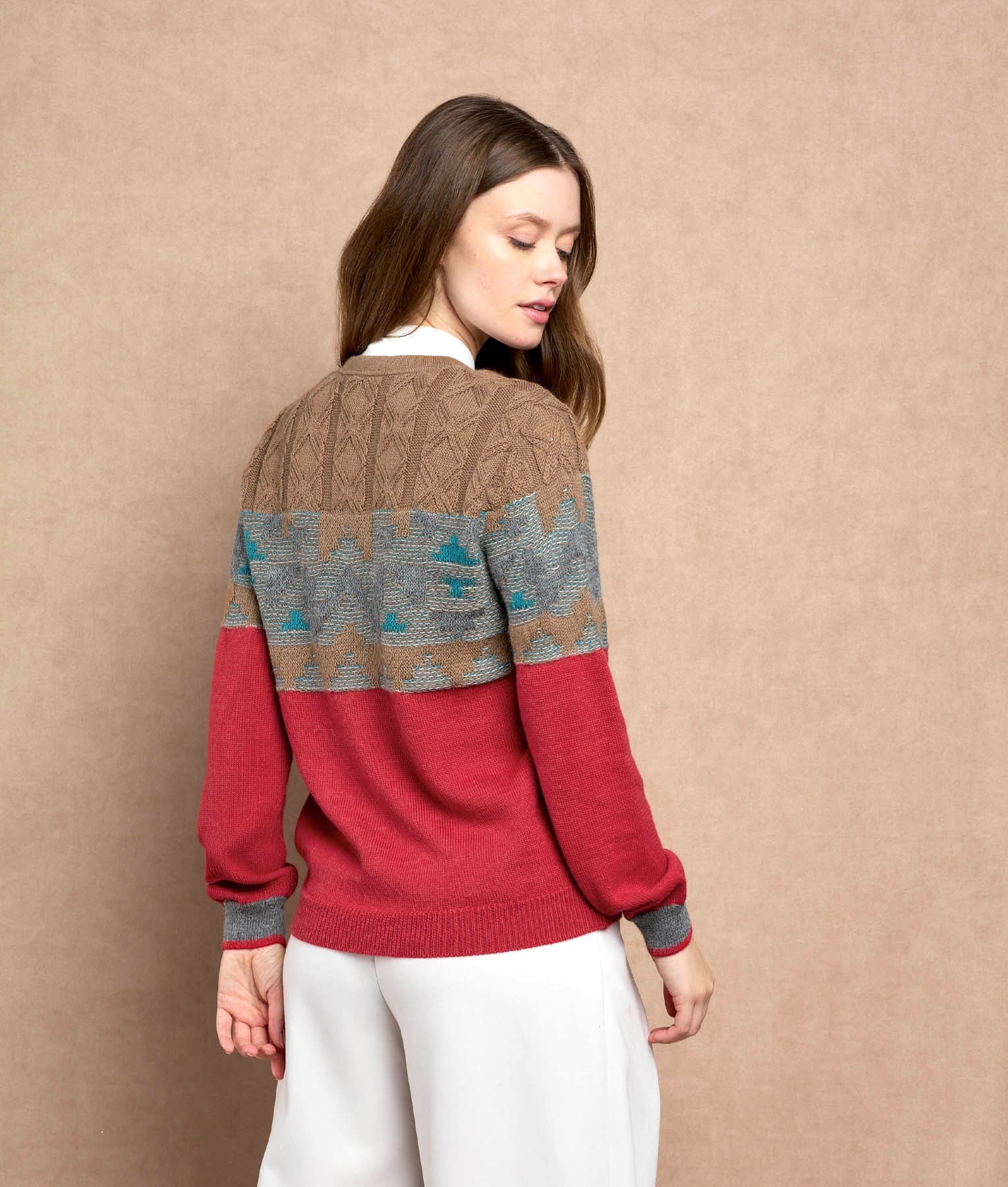 De Campo Crew Neck Cardigan - Multicoloured Red - Women's