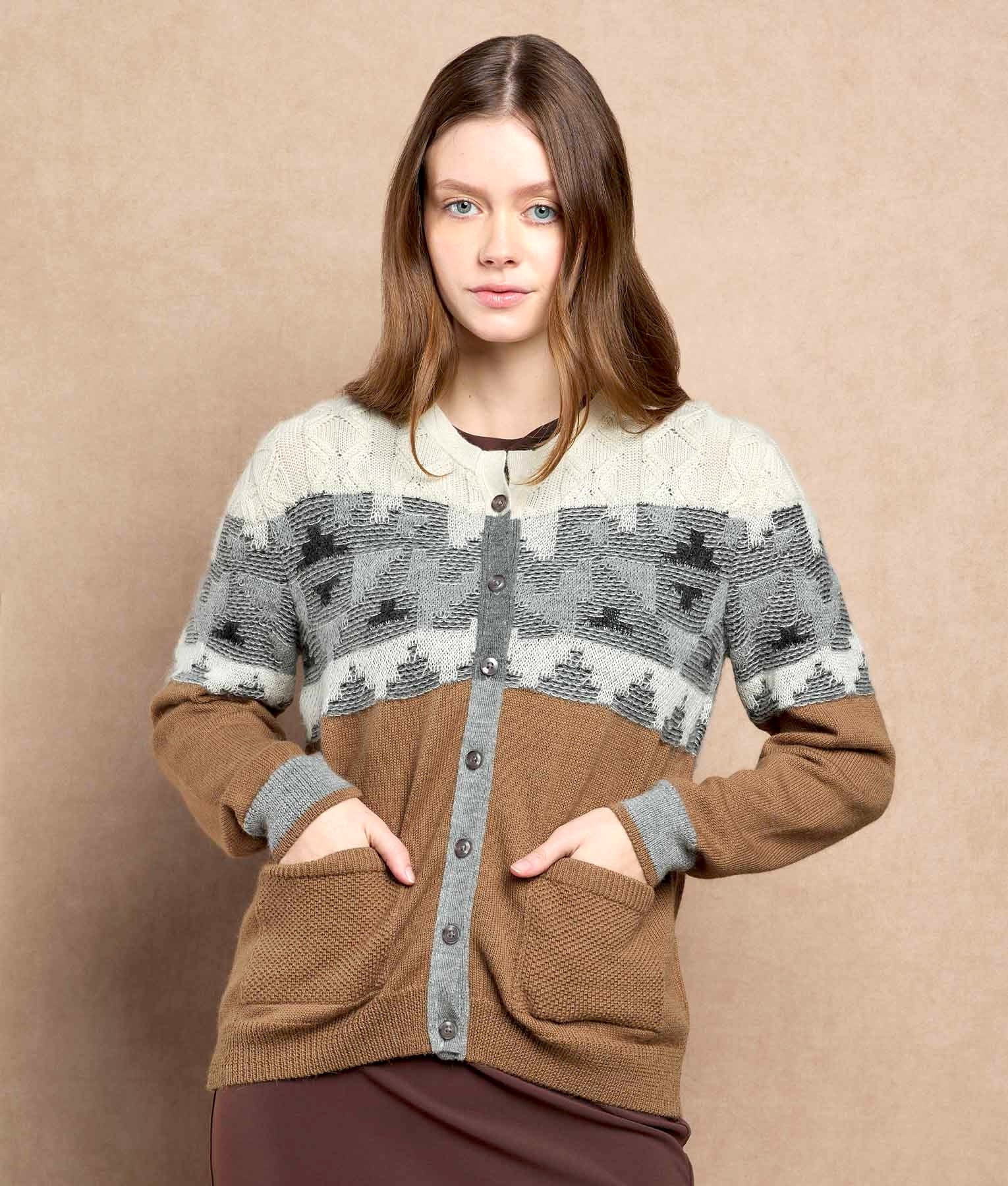 De Campo Crew Neck Cardigan - Multicoloured Camel - Women's