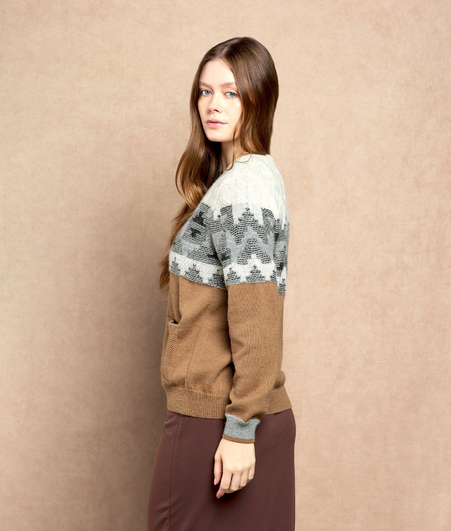 De Campo Crew Neck Cardigan - Multicoloured Camel - Women's