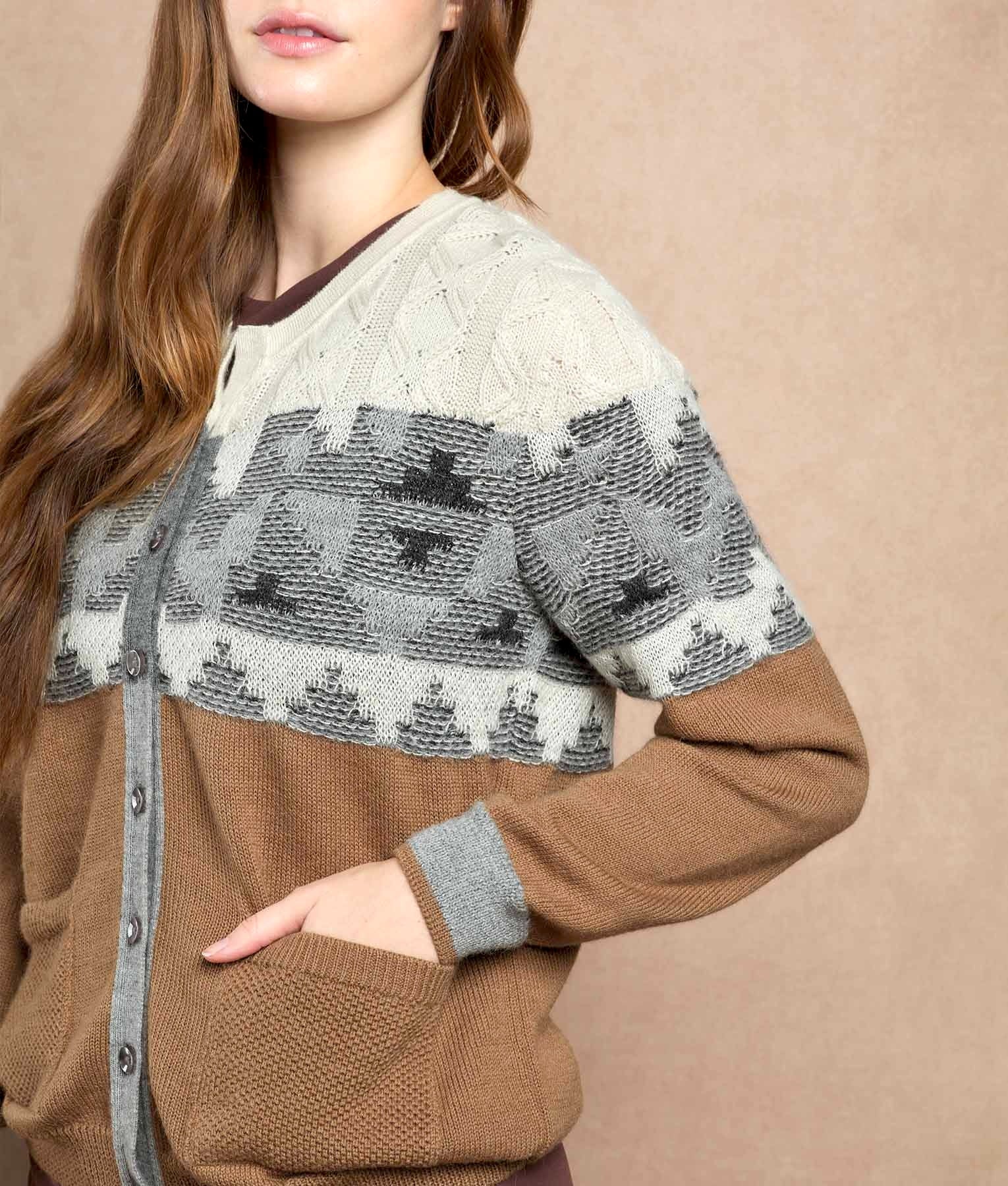 De Campo Crew Neck Cardigan - Multicoloured Camel - Women's