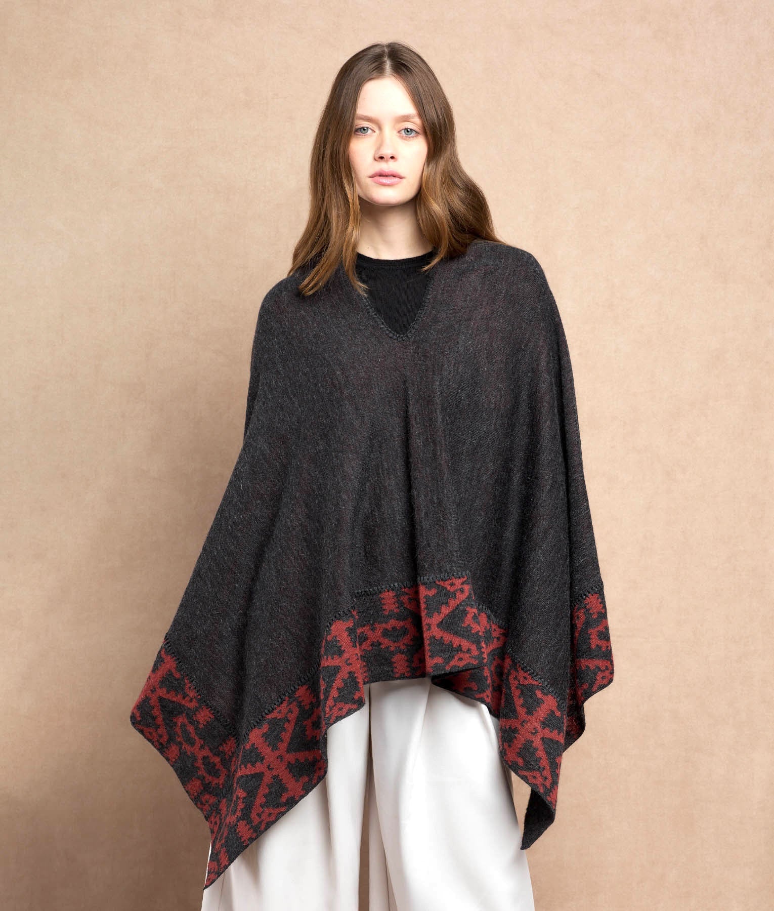 Double Face Trimmed Poncho - Charcoal & Red