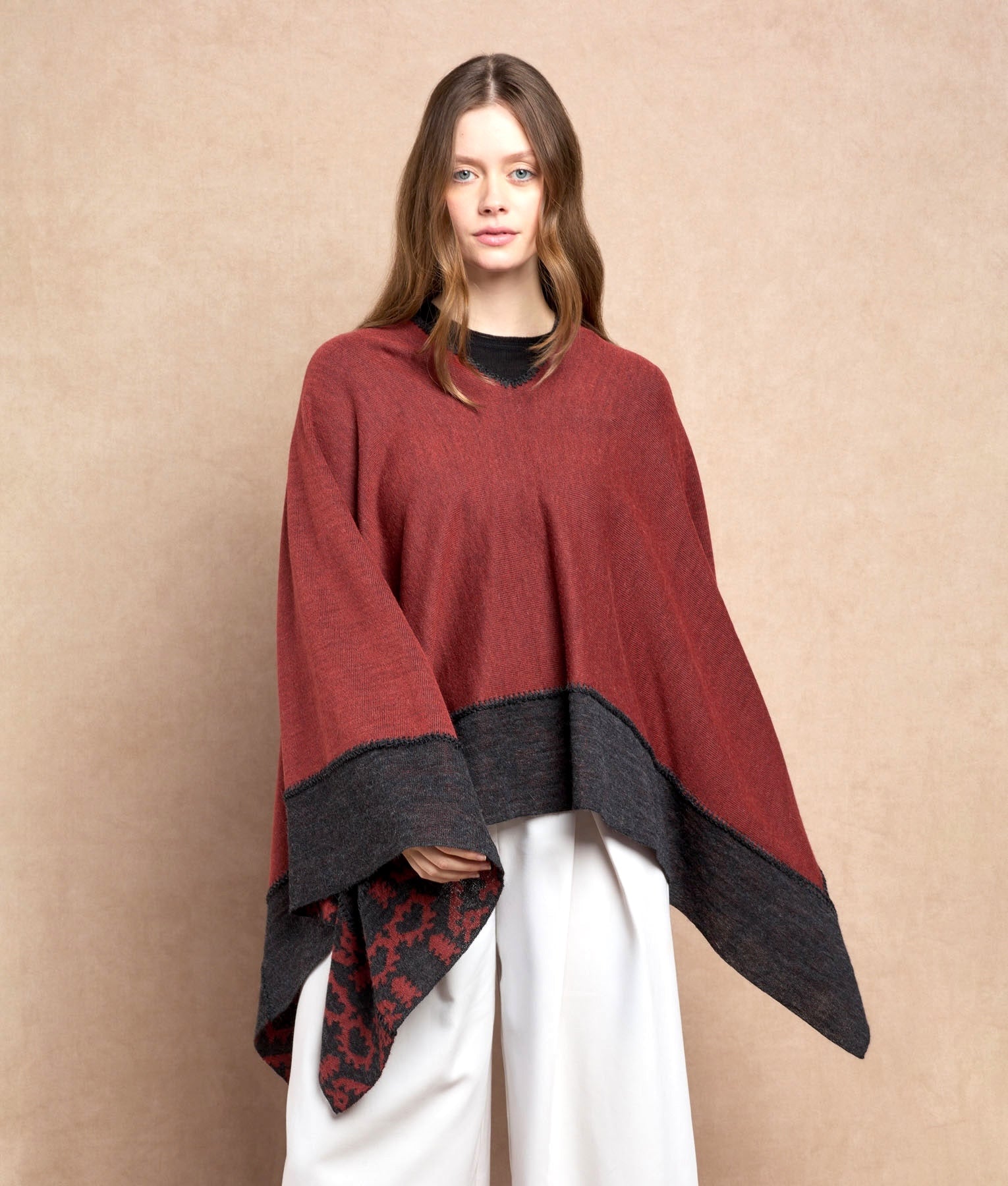 Double Face Trimmed Poncho - Charcoal & Red