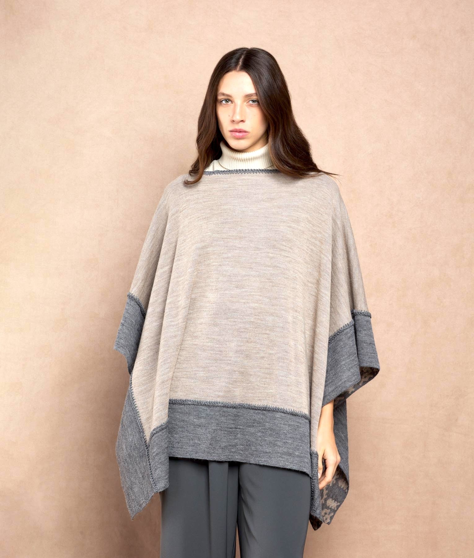Double Face Trimmed Poncho - Grey & Oatmeal