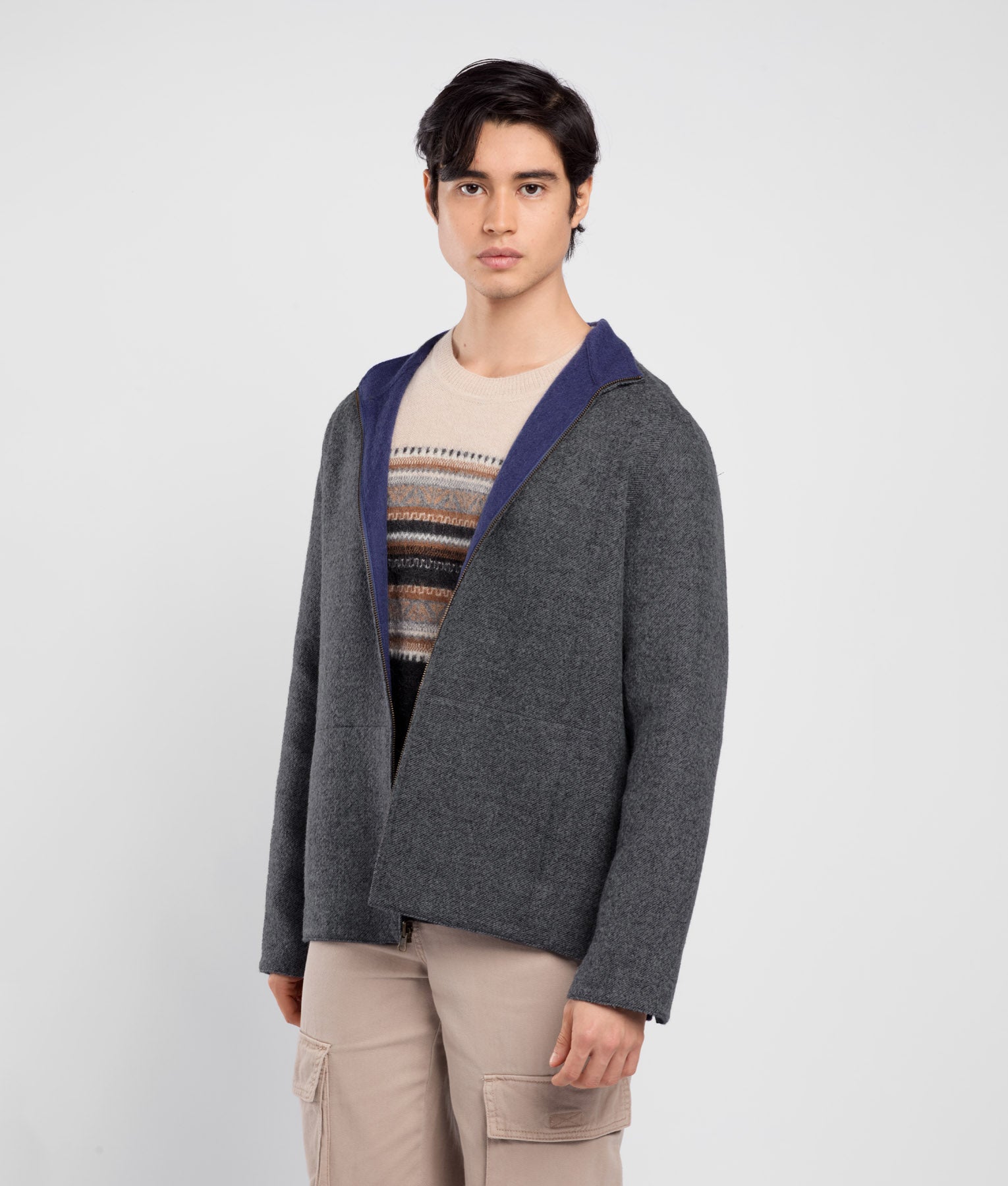 Zipped Front Men's Reversible Jacket C004 Grey and Blue