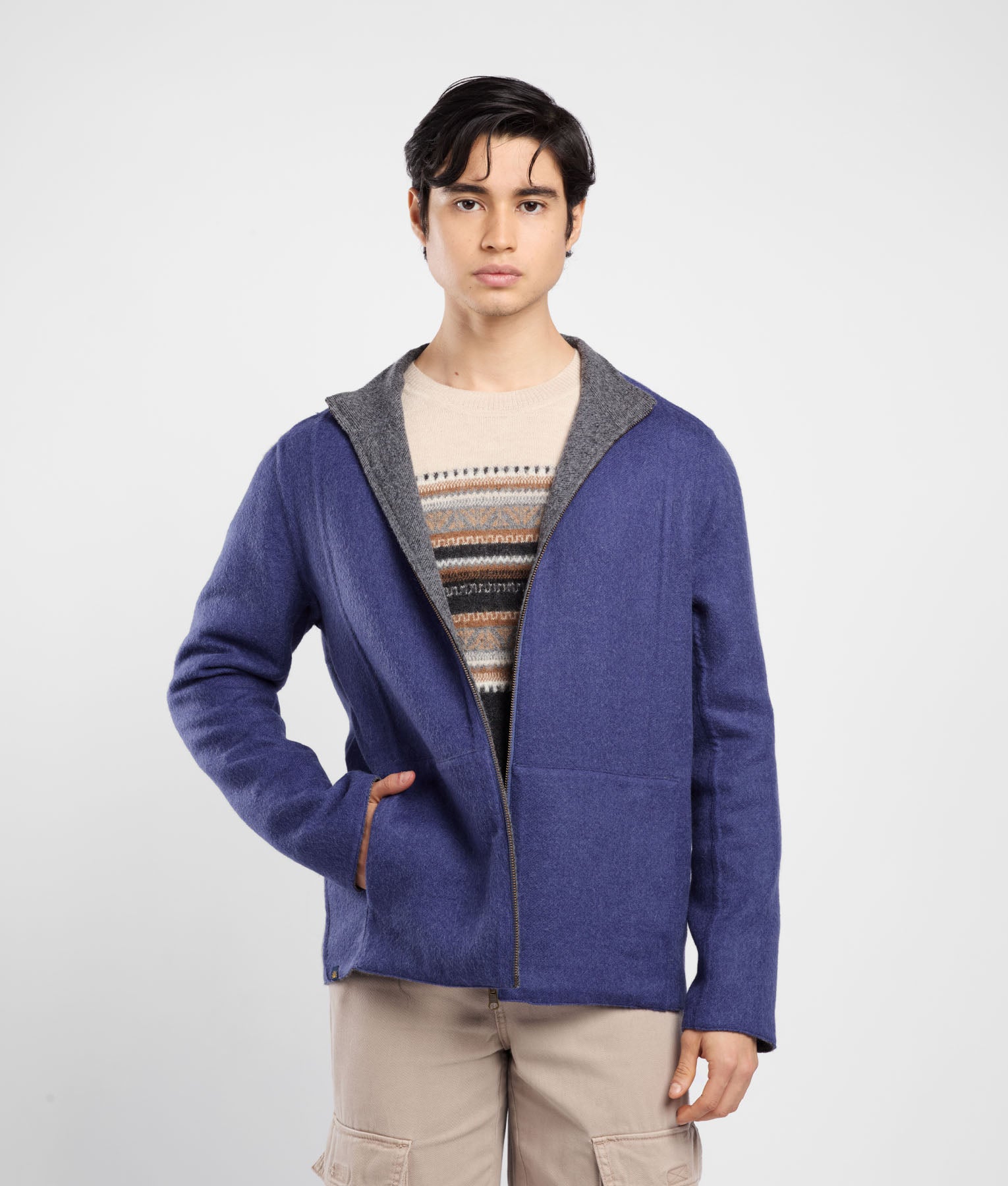 Zipped Front Men's Reversible Jacket C004 Grey and Blue