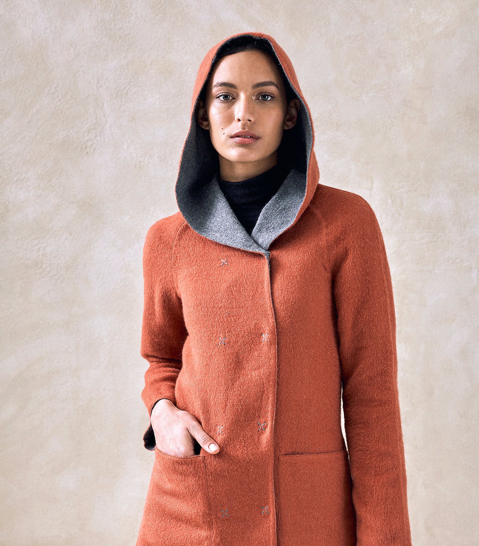 Reversible Hooded Coat - 70% Baby Alpaca 30% Merino Wool - Womens - Sol Alpaca